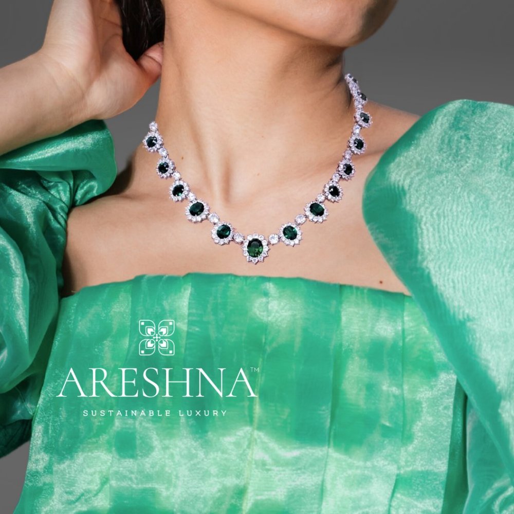 Green Emerald Diamond Bridal Jewelry Set Necklace and Earrings Crystal Jewelry - Picture 6 of 9